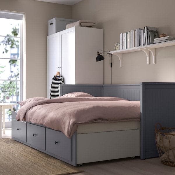 HEMNES - Sofa bed/3 drawers/2 mattresses, grey/Åfjäll rigid, , 80x200 cm