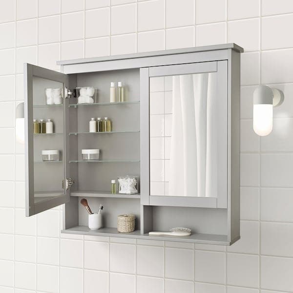 HEMNES - Mirror cabinet with 2 doors, grey, 103x16x98 cm - best price from Maltashopper.com 90348987