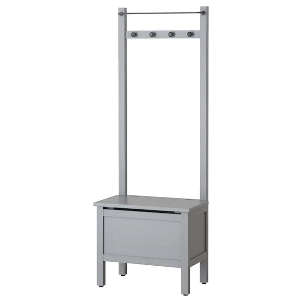 HEMNES - Storage bench w towel rail/4 hooks, grey, 64x37x173 cm - best price from Maltashopper.com 50429424
