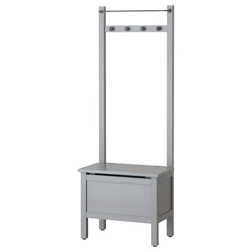 HEMNES - Storage bench w towel rail/4 hooks, grey, 64x37x173 cm