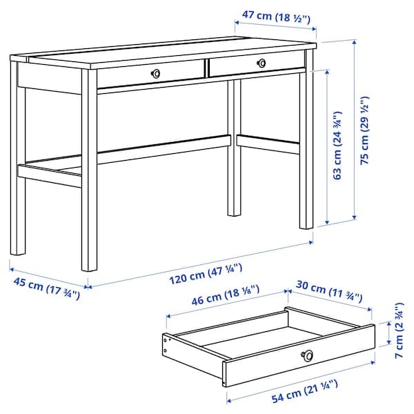 Ikea HEMNES - Desk with 2 drawers, white stain/light brown, 120x47 cm