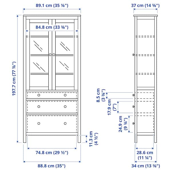 Ikea HEMNES - Glass-door cabinet with 3 drawers, black-brown/light brown, 90x197 cm
