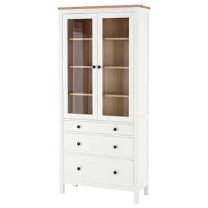 Ikea HEMNES - Glass-door cabinet with 3 drawers, white stain/light brown, 90x197 cm