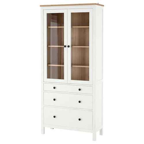 HEMNES - Glass-door cabinet with 3 drawers, white stain/light brown, 90x197 cm