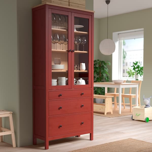 HEMNES - Glass-door cabinet with 3 drawers, red stained/light brown stained, 90x197 cm - best price from Maltashopper.com 50530634