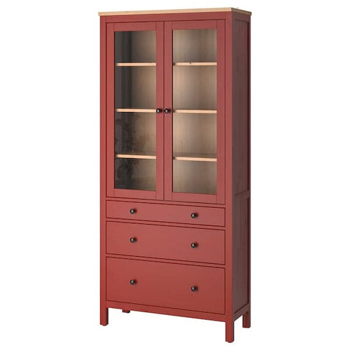 HEMNES - Glass-door cabinet with 3 drawers, red stained/light brown stained, 90x197 cm