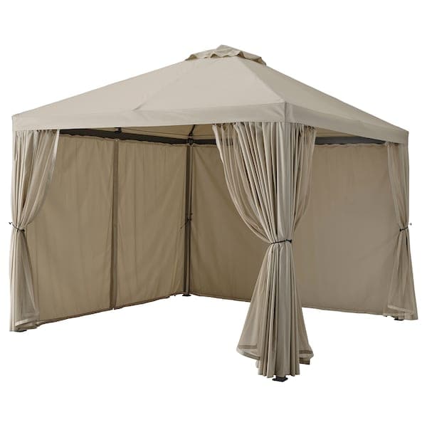 HIMMELSÖ Gazebo with curtains and mesh - dark grey/gray-beige ,