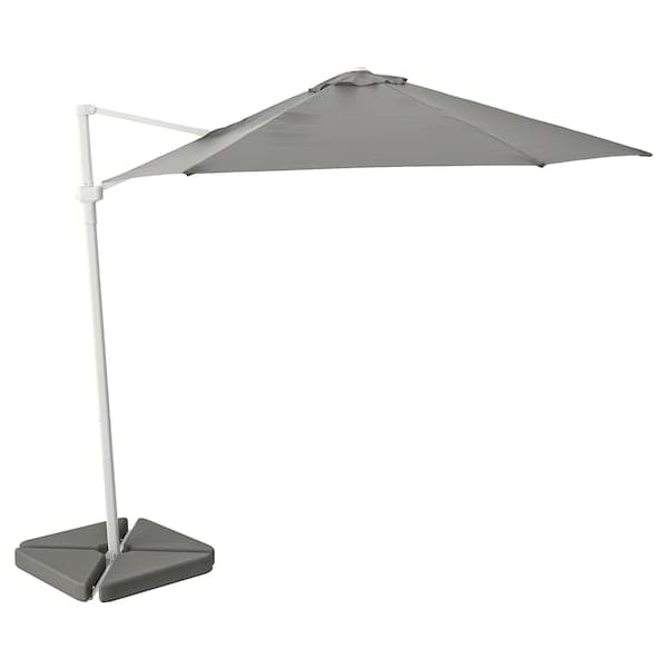 HÖGÖN - Parasol, hanging with base, light grey/Hjältön grey, 270 cm