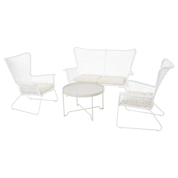 HÖGSTEN - 4-seater garden set, white/Kuddarna beige ,