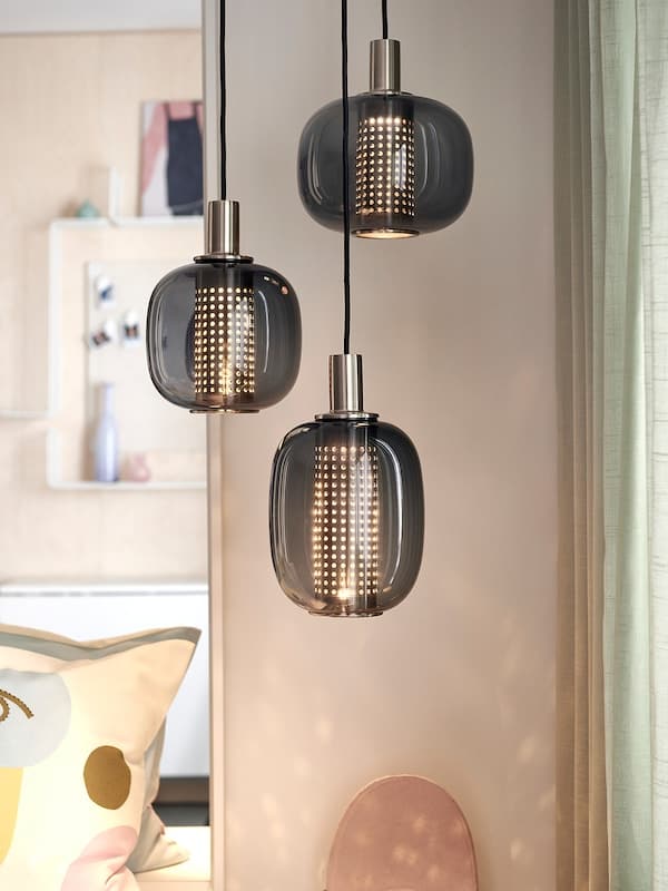 Ikea HÖGVIND - Pendant lamp with 3 lamps, nickel-plated/grey glass, 41 cm