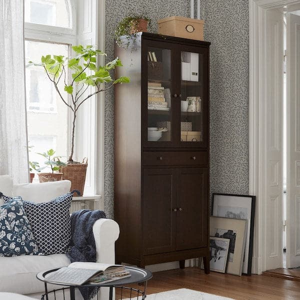 IDANÄS - High cabinet w gls-drs and 1 drawer, dark brown stained, 81x39x211 cm - best price from Maltashopper.com 70487837