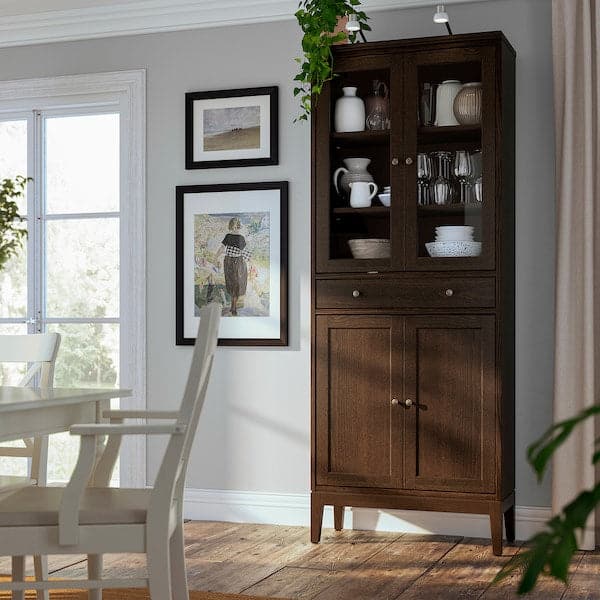 Ikea IDANÄS - High cabinet w gls-drs and 1 drawer, dark brown stained, 81x39x211 cm