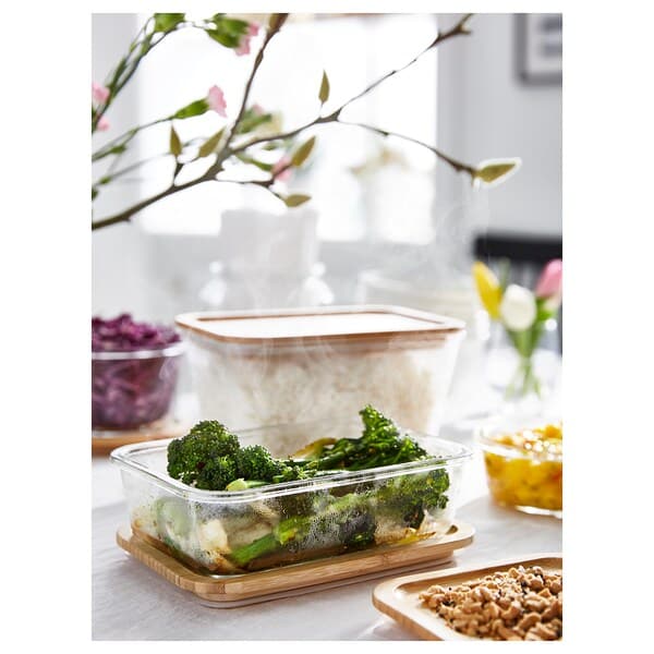Ikea IKEA 365+ - Food container with lid, rectangular glass/bamboo, 1.8 l