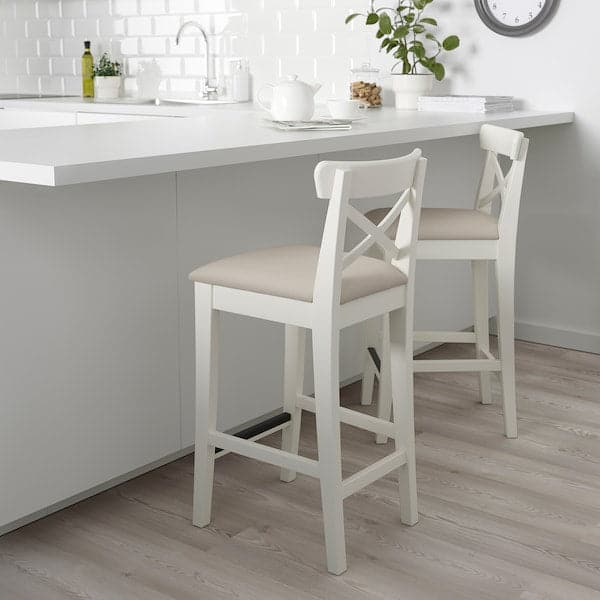 Ikea INGOLF Bar stool with backrest - white/Hallarp beige 65 cm ,