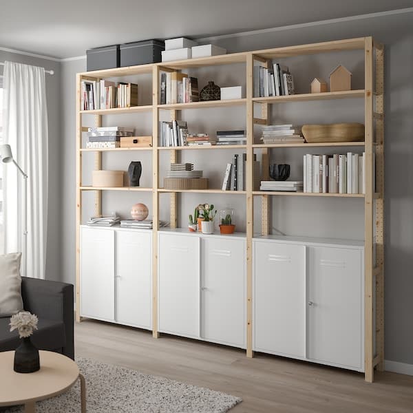 Ikea IVAR - 3 sections/cabinet/shelves, pine/white, 259x30x226 cm