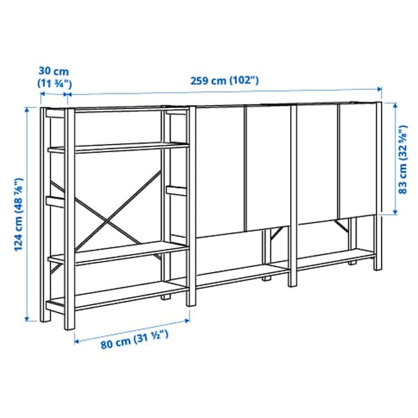 Ikea IVAR - 3 sections/shelves/cabinet, pine, 259x30x124 cm