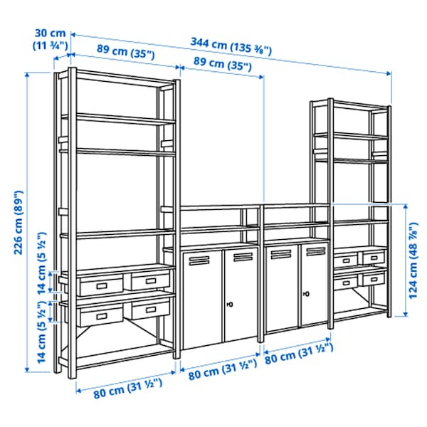 Ikea IVAR - 4 sections/floors/mobile, pine/white, , 344x30x226 cm