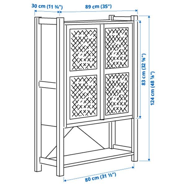 Ikea IVAR - Cabinet with doors, pine/grey-green mesh, 89x30x124 cm