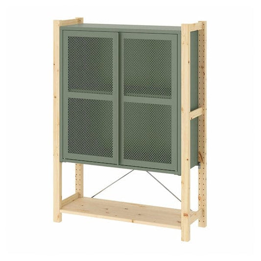 Ikea IVAR - Cabinet with doors, pine/grey-green mesh, 89x30x124 cm