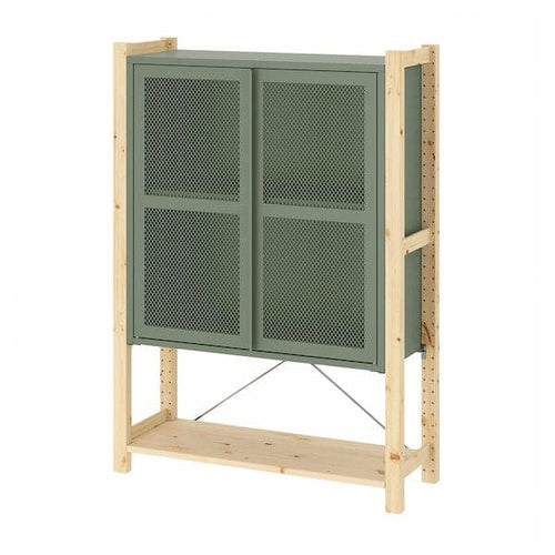 IVAR - Cabinet with doors, pine/grey-green mesh, 89x30x124 cm