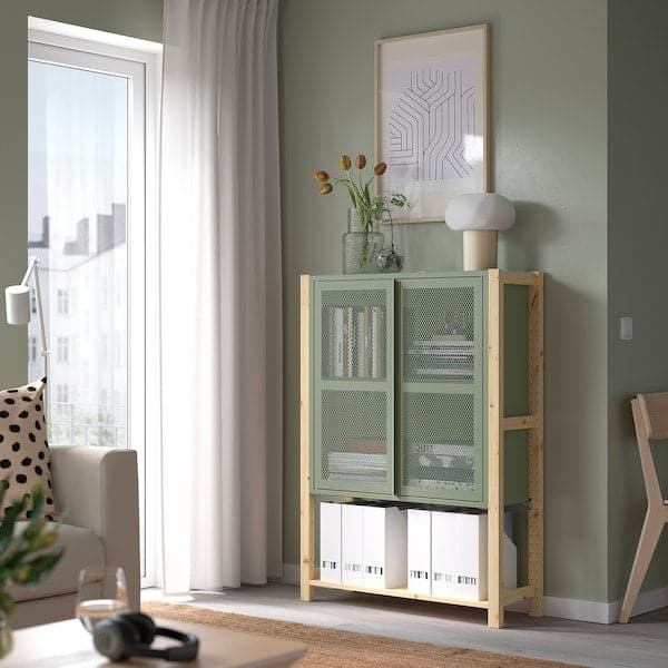 Ikea IVAR - Cabinet with doors, pine/grey-green mesh, 89x30x124 cm