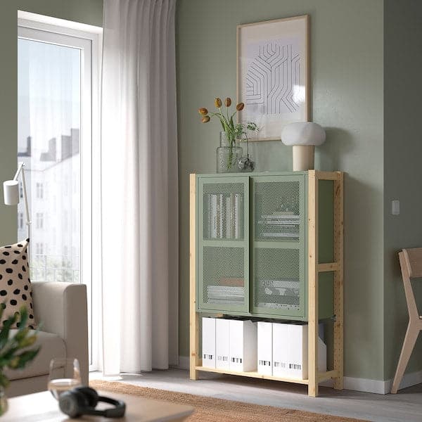 IVAR - Cabinet with doors, pine/grey-green net, , 89x30x124 cm - best price from Maltashopper.com 69508162