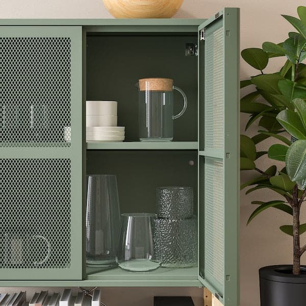 Ikea IVAR - Cabinet with doors, pine/grey-green mesh, 89x30x124 cm