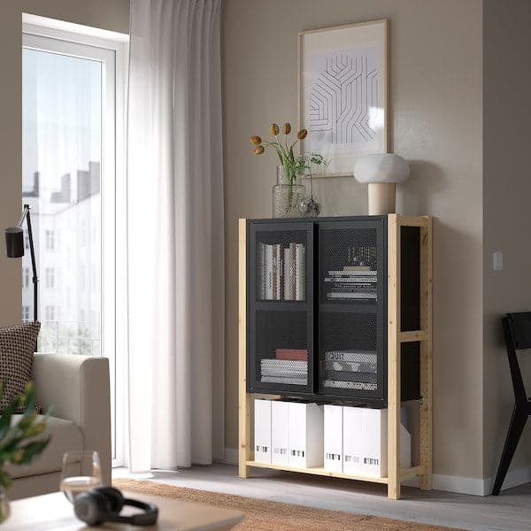 IVAR - Cabinet with doors, pine/black net, , 89x30x124 cm - best price from Maltashopper.com 49508158