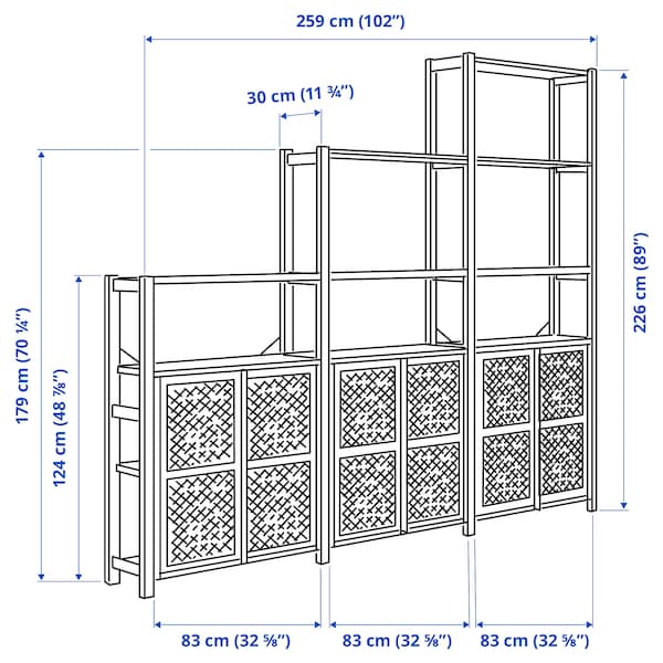 Ikea IVAR - Shelving unit with doors, pine, 259x30x226 cm