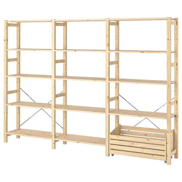 IVAR - Shelving unit with storage box, pine, 259x30x179 cm