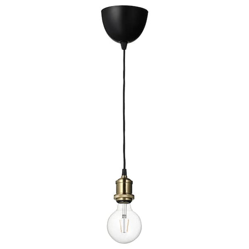JÄLLBY / LUNNOM - Pendant lamp with bulb, brass-plated globe/transparent ,