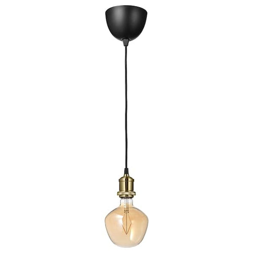 JÄLLBY / MOLNART - Pendant lamp with bulb, brass/brown transparent glass shade ,