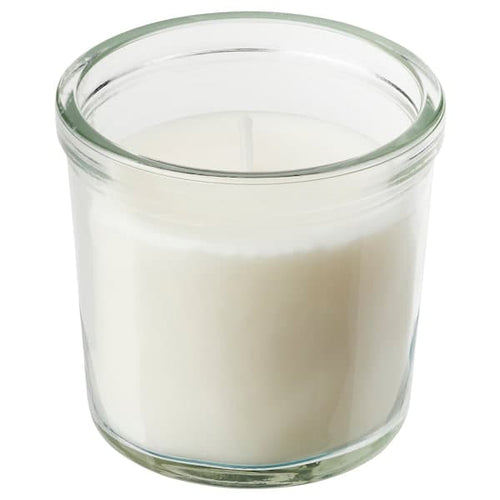 JÄMLIK - Scented candle in glass, Vanilla/light beige, 20 hr