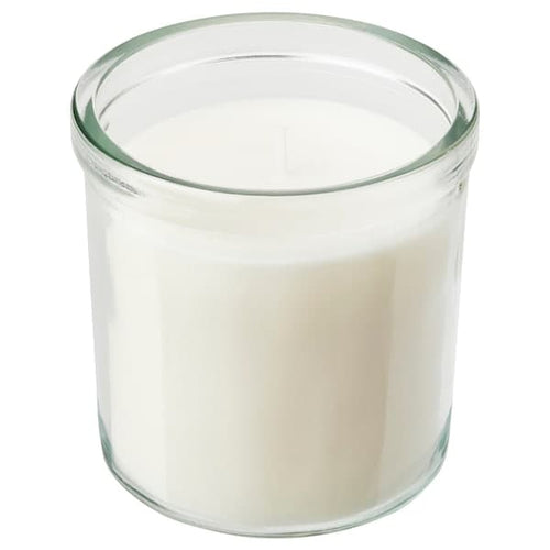 JÄMLIK - Scented candle in glass, Vanilla/light beige, 40 hr