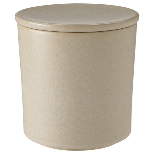 JÄMLIK - Scented candle in ceramic jar w lid, Vanilla/light beige, 60 hr