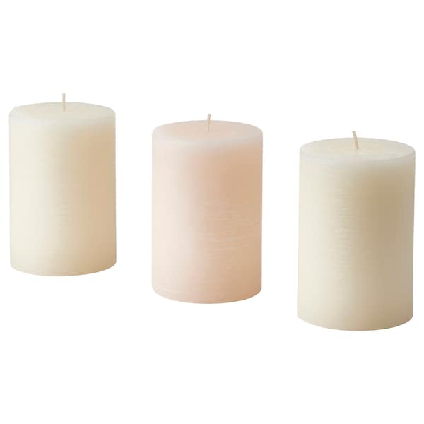 JÄMLIK - Scented pillar candle, Vanilla/light beige
