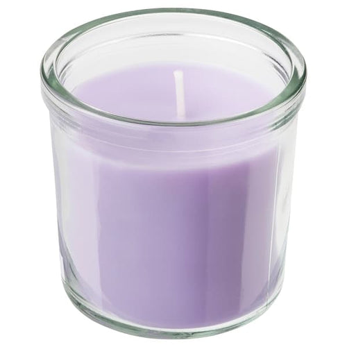 JÄMNMOD - Scented candle in glass, Sweet pea/purple, 20 hr