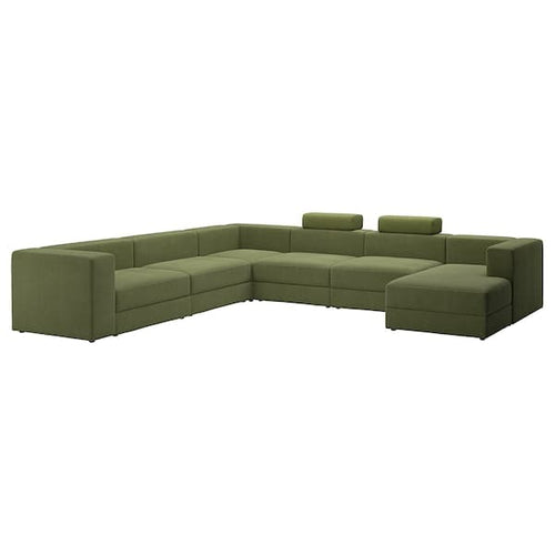 JÄTTEBO - 7-seater U-shaped sofa with chaise-longue, right with headrest/Samsala dark yellow-green ,