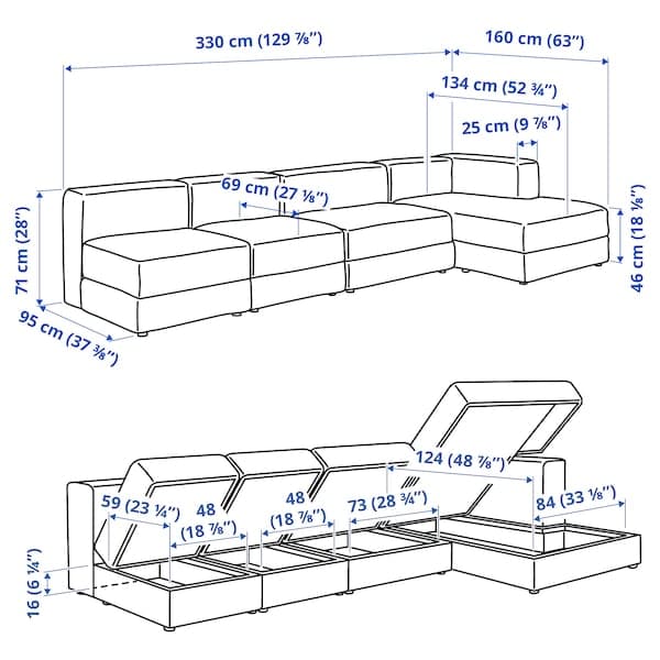 Ikea JÄTTEBO - Comp 4.5-seater sofa / chaise longue, right / Gray Tonerud ,