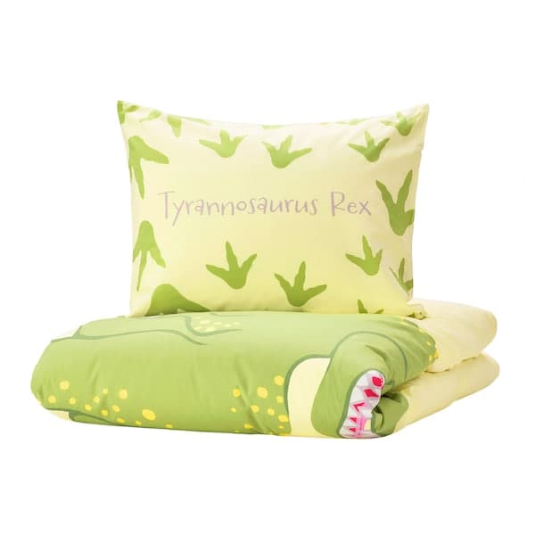 JÄTTELIK - Duvet cover and pillowcase, Tyrannosaurus Rex/Triceratops/yellow, 150x200/50x80 cm