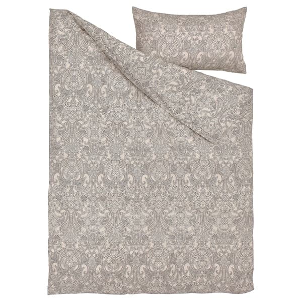 JÄTTEVALLMO - Duvet cover and pillowcase, beige/dark grey