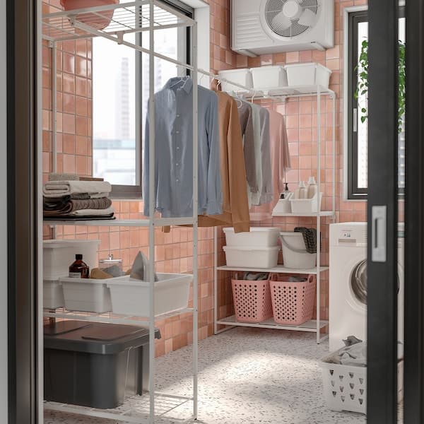 JOSTEIN - Shelving unit with clothes rail, indoor / outdoor / white metal wire,81x166/270x180 cm - best price from Maltashopper.com 29437280