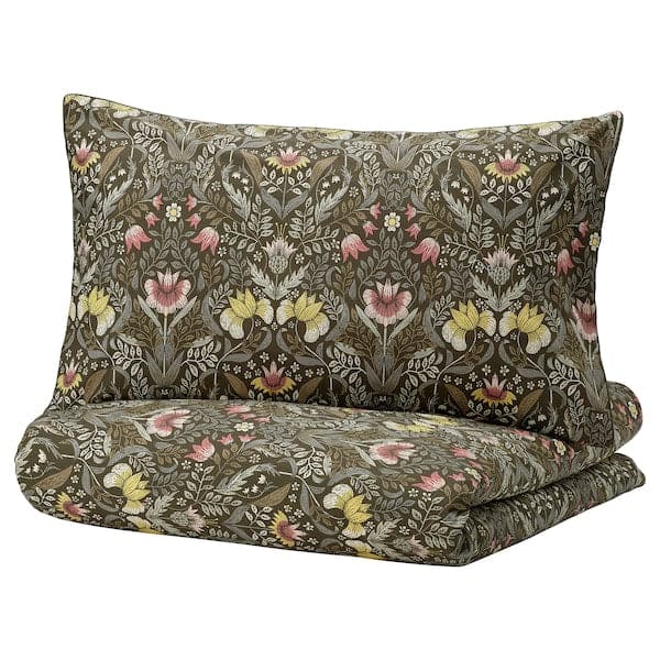 Ikea KÄRRDUNÖRT - Duvet cover and 2 pillowcases, dark green/multicolour, 240x220/50x80 cm