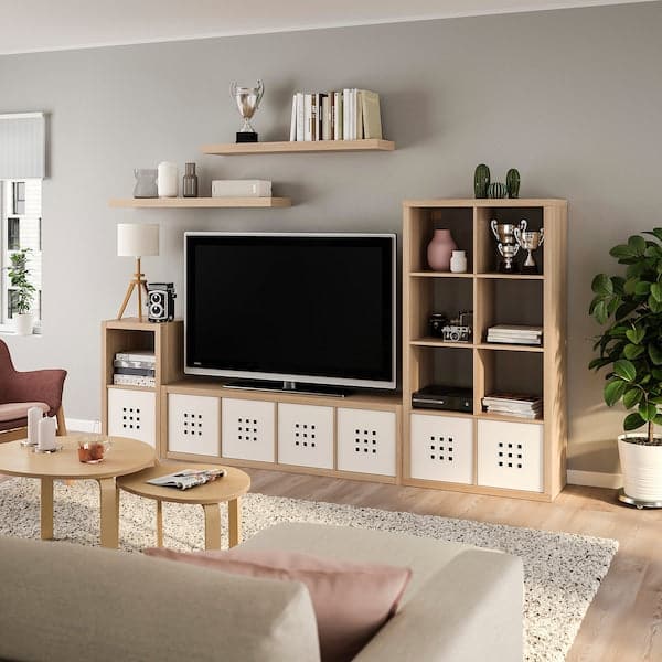 Ikea KALLAX / LACK - Storage combination with 2 shelves, white stained oak effect, 266x39x147 cm