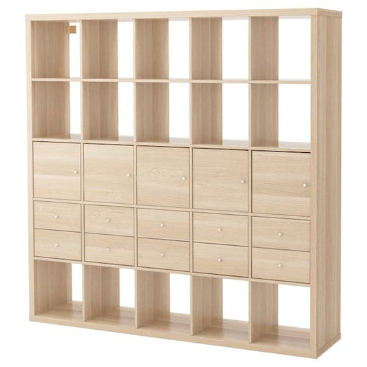 Ikea KALLAX - Shelving unit with 10 inserts, white stained oak effect, 182x182 cm