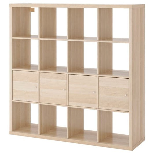 Ikea KALLAX - Shelving unit with 4 inserts, white stained oak effect, 147x147 cm
