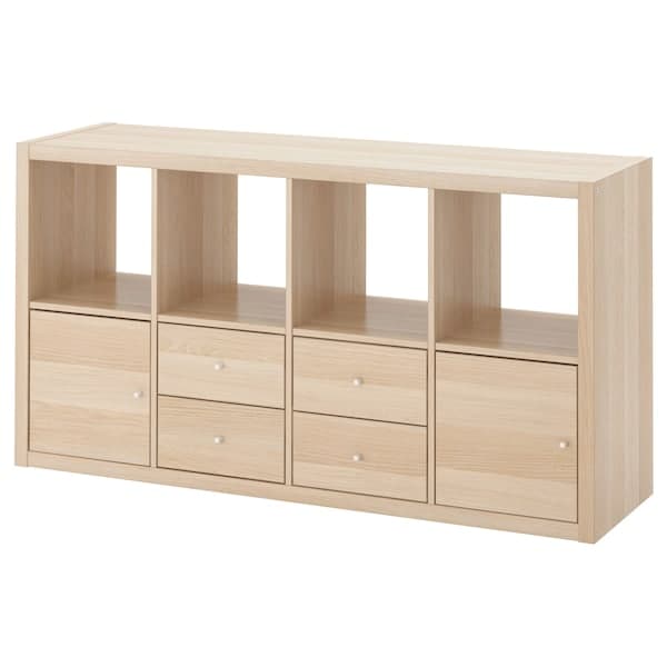 Ikea KALLAX - Shelving unit with 4 inserts, white stained oak effect, 147x77 cm