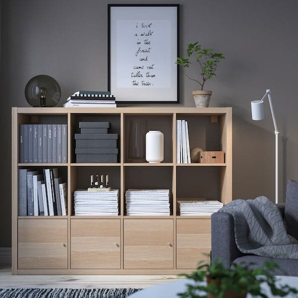 Ikea KALLAX - Shelving unit with 4 inserts, white stained oak effect, 147x112 cm