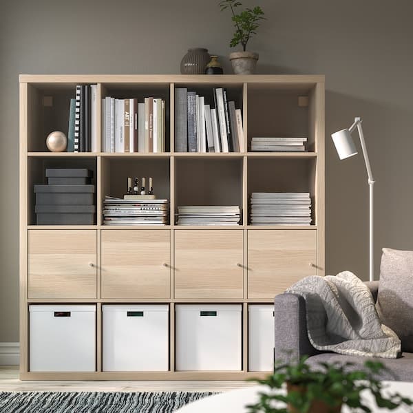 Ikea KALLAX - Shelving unit with 4 inserts, white stained oak effect, 147x147 cm