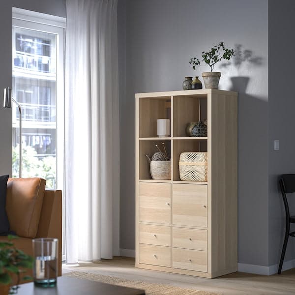 Ikea KALLAX - Shelving unit with 4 inserts, white stained oak effect, 147x77 cm